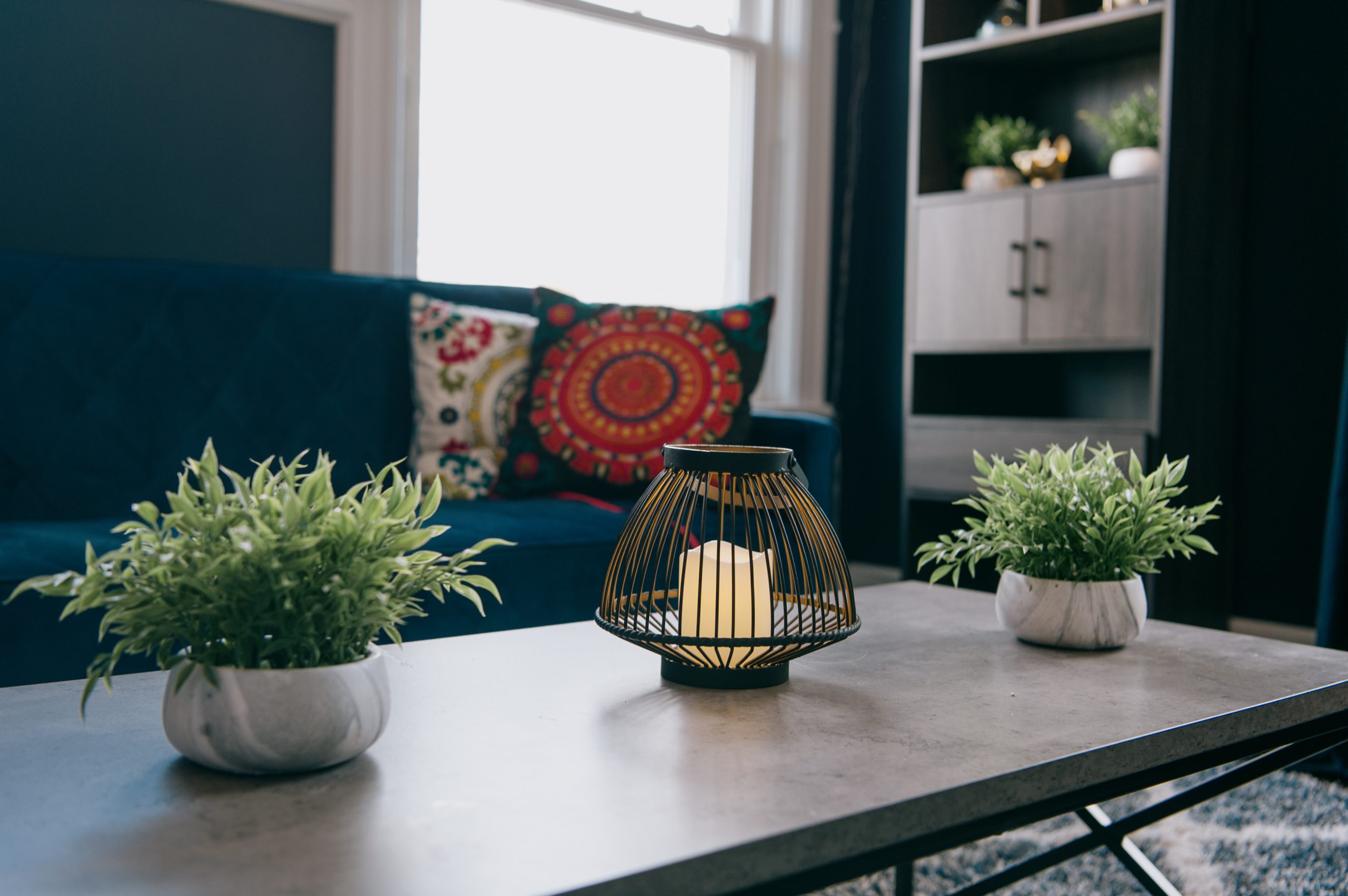 Close-up of a coffee table with two plants and a candle, providing a calming space for adult mental health treatment NJ at Blueprint Mental Health.